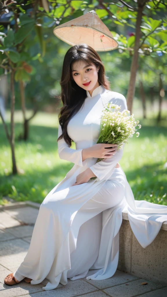 detailed body, attractive body, perfect human body, realistic face,
(ultimate quality, masterpiece, highres:1.0), realistic:1.6, photorealistic,
[8k UHD photos, UHD high quality photos, Super detailed and super clear images],
Close-up of a Vietnamese girl with a beautiful face and balanced body, leggy, round face, big round eyes, Charming smile, Red lips, long curly eyelashes, big dimples, pointed chin, plump face, Her face resembles Tuyet Linh, Tall and plump figure, lace bra inside, lace panty inside,
wearing a bright and shiny white silk ao dai with embroidered flowers, sitting and playing with the sand and ocean waves, pose sexy,
Silk ao dai,