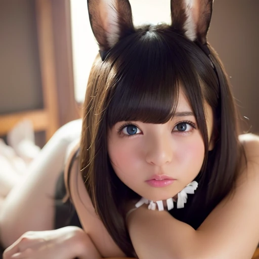 Highest quality、Photorealistic、8K、High resolution、1 girl、woman、(Skin dents)、(Professional Lighting)、(Torn Bunny Girl:1.5)、Gorgeous、((Looking at the viewer:1.6))、Cat ear、Big Breasts、((Bursting Busty :1.3))、RAW Photos, Black Hair, Shiny skin, Wet body