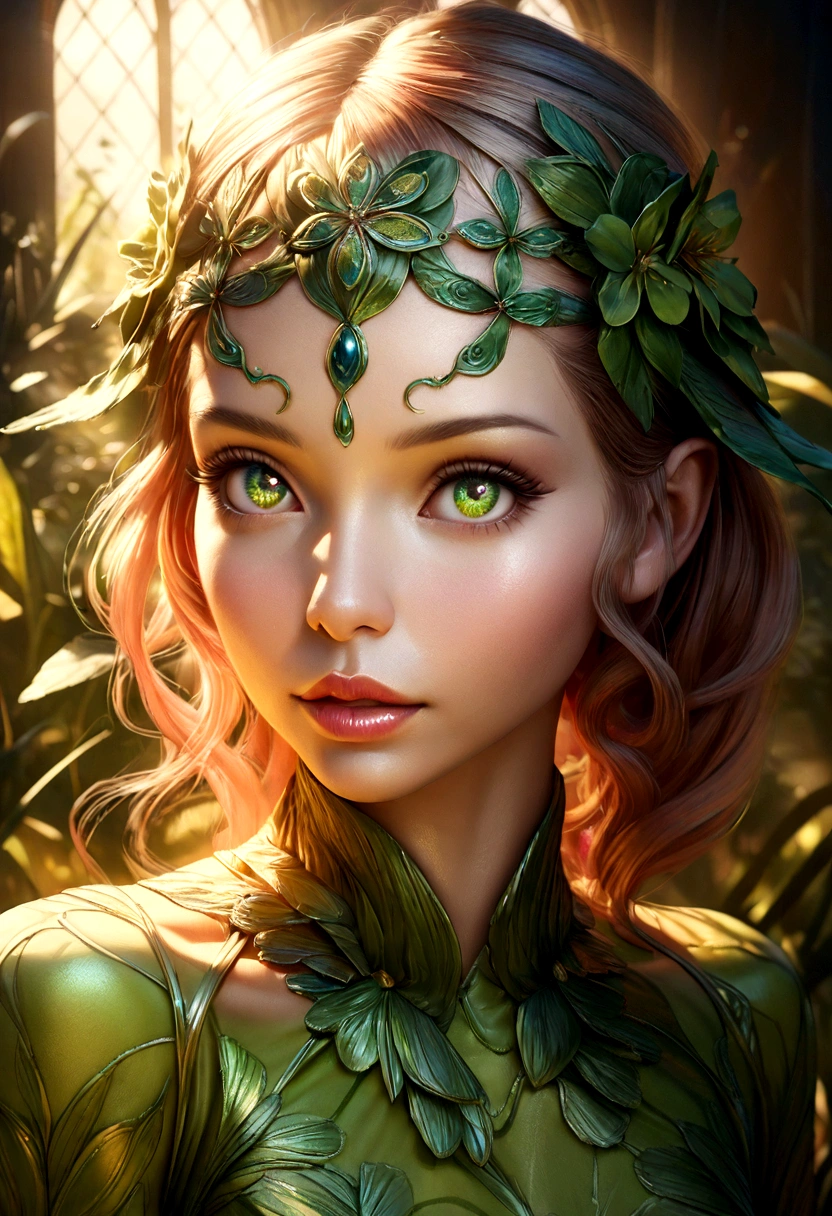 a fairy in an asparagus dress, beautiful detailed eyes, beautiful detailed lips, extremely detailed face, long eyelashes, intricate floral patterns, shimmering fabric, ethereal, whimsical, vibrant green, warm lighting, photorealistic, 8k, highly detailed, masterpiece, digital art