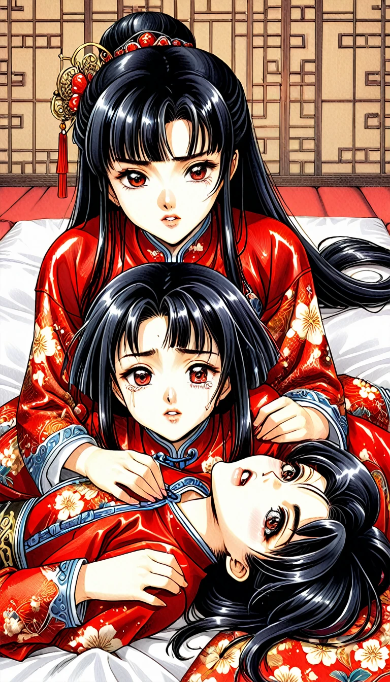 8k Tragic and Lewd Live-Action Historical Drama Lewd Court Secrets Beautiful Chinese Kung Fu princess with long black hair is forced to give a hard blowjob Gorgeous embroidery, Ultra glossy, She is wearing a shiny red top and bottom long sleeve floral pajama kung fu suit.... She cries loudly and is laid down on a floral futon to give the emperor a blowjob.