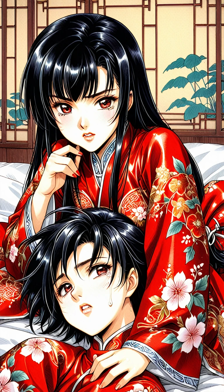 8k Tragic and Lewd Live-Action Historical Drama Lewd Court Secrets Beautiful 10 year old Chinese Kung Fu princess with long black hair is forced to give a hard blowjob Gorgeous embroidery, Ultra glossy, She is wearing a shiny red top and bottom long sleeve floral pajama kung fu suit.... She cries loudly and is laid down on a floral futon to give the emperor a blowjob.
