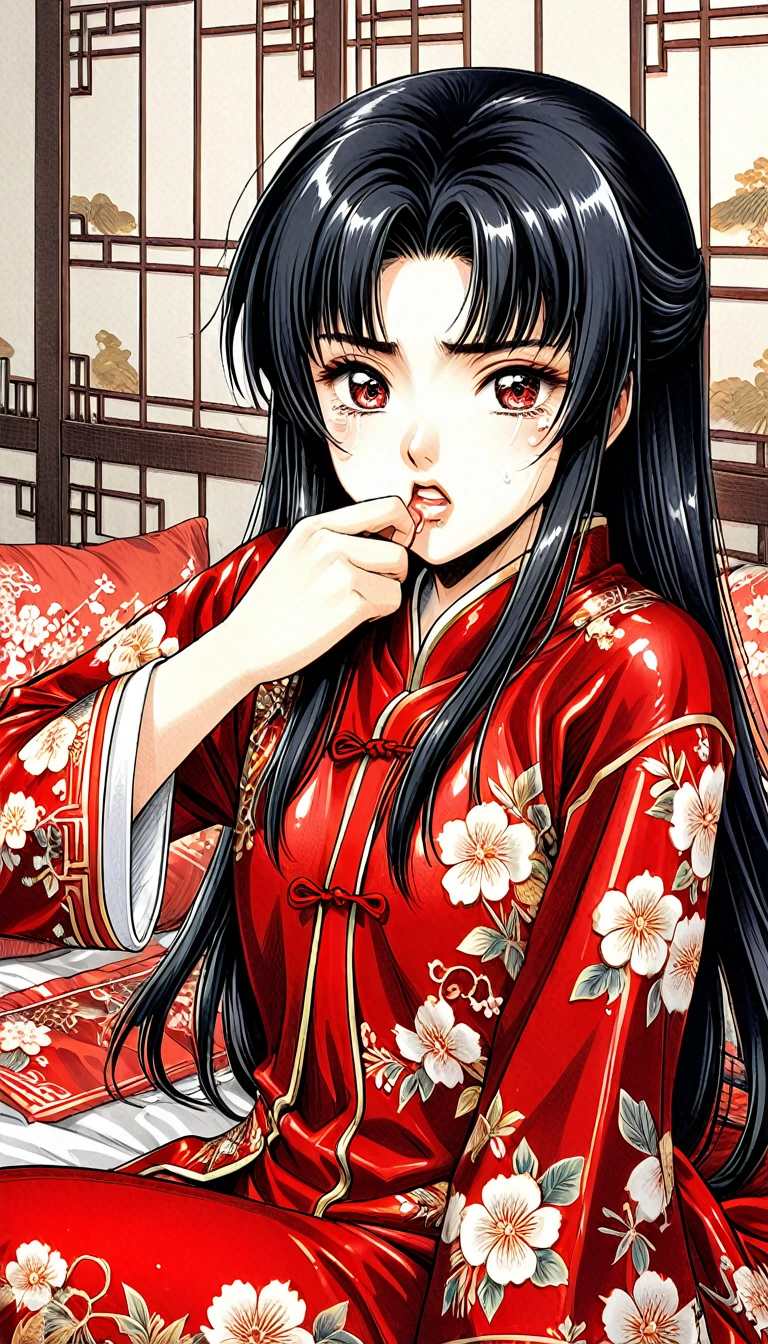 8k Tragic and Lewd Live-Action Historical Drama Lewd Court Secrets Beautiful 10 year old Chinese Kung Fu princess with long black hair is forced to give a hard blowjob Gorgeous embroidery, Ultra glossy, She is wearing a shiny red top and bottom long sleeve floral pajama kung fu suit.... She cries loudly and is laid down on a floral futon to give the emperor a blowjob.