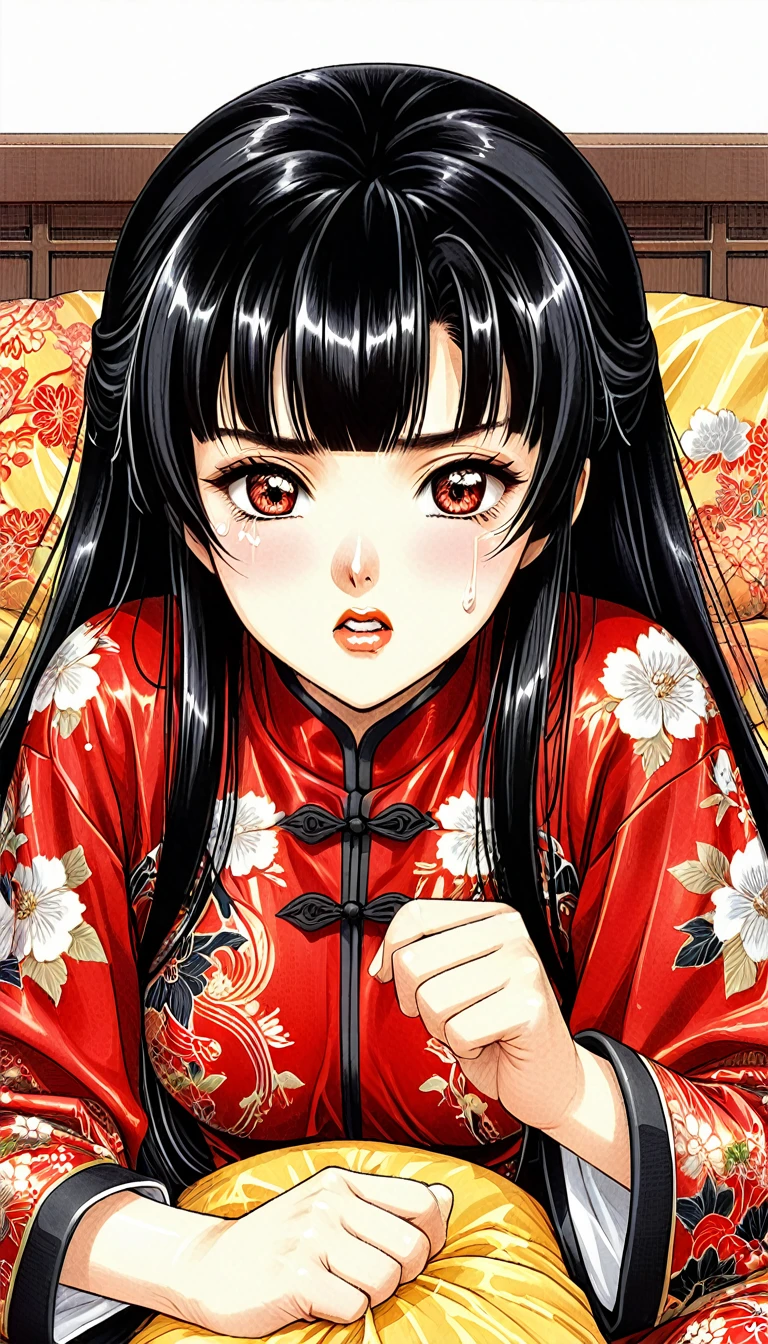 8k Tragic and Lewd Live-Action Historical Drama Lewd Court Secrets　Beautiful 10 year old Chinese Kung Fu princess with long black hair is forced to give a hard blowjob　Gorgeous embroidery, Ultra glossy, She is wearing a shiny red top and bottom long sleeve floral pajama kung fu suit....　　She cries loudly and is laid down on a floral futon to give the emperor a blowjob.