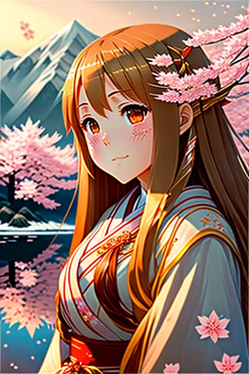 Asuna, masterpiece, Highest quality, detailed, (One girl), alone, detailed golden eyes, Long Hair, Are standing, Close to the audience, (detailed kimono), A light smile, Medium chest, (Put your arms behind your back), water, sunset, (hair ornaments), (Cherry blossoms bloom), Lake with snowy mountains in the background