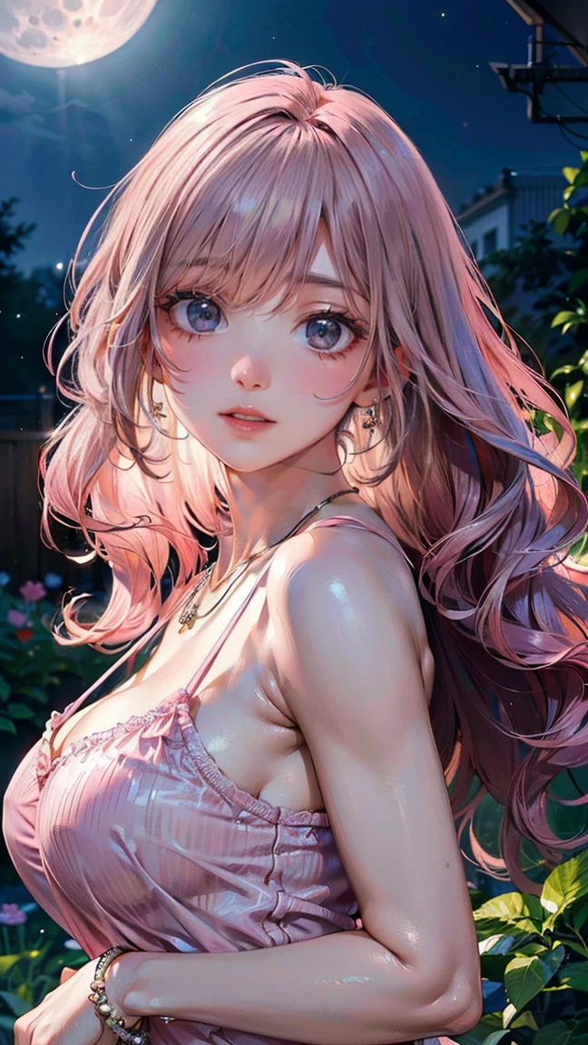 (Masterpiece, BestQuality:1.3), (ultra detailed:1.2), (hyperrealistic:1.3), (RAW photo:1.2), High detail RAW color photo, professional photograph, (Photorealistic:1.4), (realistic:1.4), (Pink Hair:1.5), professional lighting, perfect anatomy, (Big Breasts:1.2), (blush, detailed face), (A happy smile:1.7), Trending Hair&Trending Hairカラーをランダムに, earrings, necklace, bracelet, sexly, erotic sexly, Random sexy gravure poses, (Beautiful woman in a pink negligee、In the moonlit garden、Provocative Gaze、Wavy hair blowing in the wind、Standing sexy with one foot in front of the other。:1.3)
