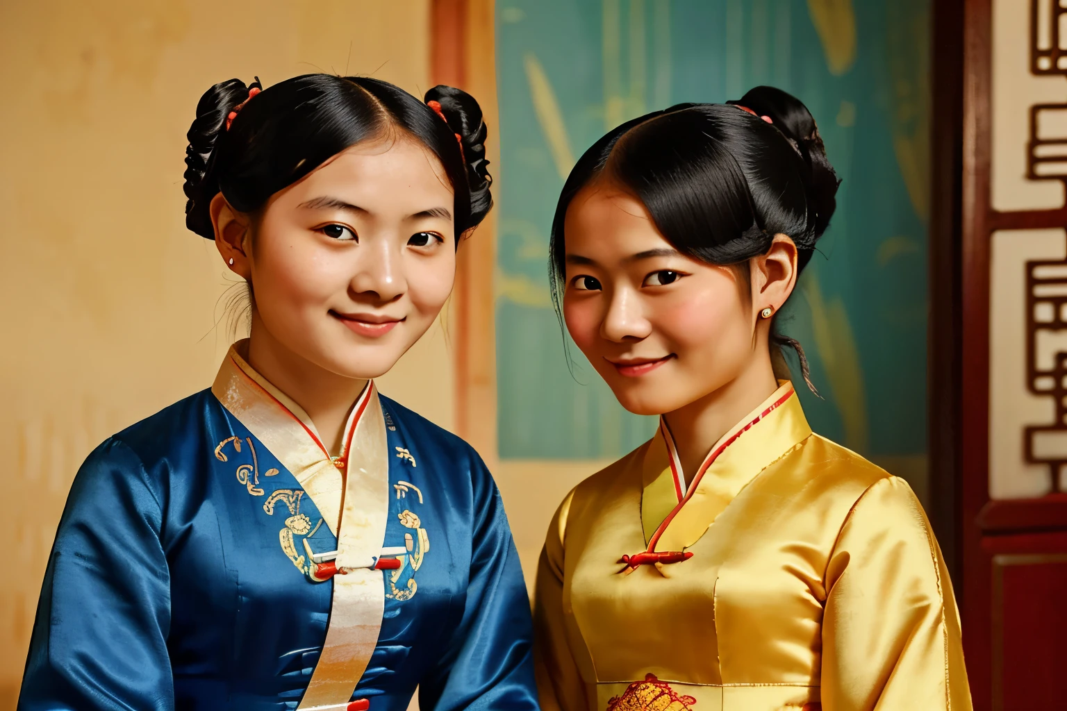 Puwei, China, 1838. A young ((((15-year-old)))), two asian girl friends, pale, beautiful, at home, ((smug smile)), ((((chinese clothings from the 1830s)))), ((hairstyle of the 1830s)), ((colorful))