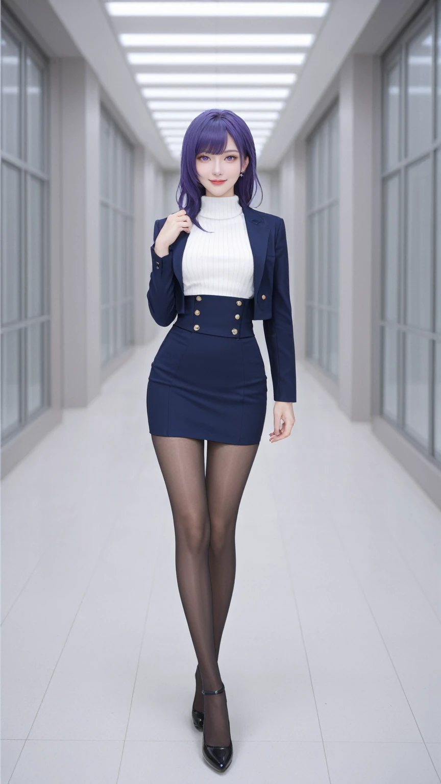 realistic,score_9, score_8_up, score_7_up, BREAK,
Hyperrealistic photograph, In a scene inspired by "Honkai: Star Rail," a girl from the Acheron faction is depicted. She has purple hair, styled long and flowing, with one eye partially hidden behind her hair, adding a mysterious allure to her expression. Her purple eyes are a striking feature, complementing her unique hairstyle.
She is dressed in a suit jacket, thigh-high band pantyhose, and a high-waist skirt, paired with a ribbed sweater. Her attire is both professional and stylish, reflecting her character's background in the game. She stands confidently, with one hand on her hip, and her posture suggests a sense of pride and authority.
The girl is captured in a full-body portrait, looking directly at the viewer with a light smile. This pose and expression create a connection between her and the audience, inviting them into her world. The setting is an office indoors, with a depth of field that adds to the realism of the scene.