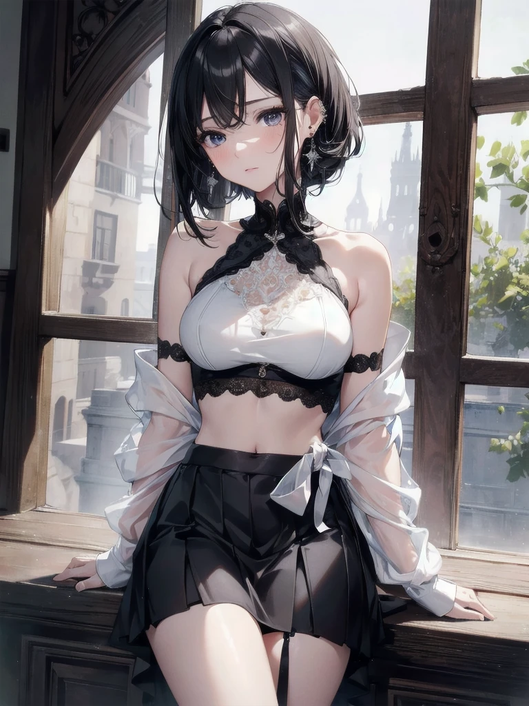 absurdres, RAW photo, extremely delicate and beautiful, masterpiece, Best Quality, ultra high resolution, 32k, hyperrealistic, ultra-detailed, in her 20s, delicate facial features, tearful mole, earring, medium breasts, full body shot, shorter middle hair, black hair, bare shoulder, midriff, skirt,