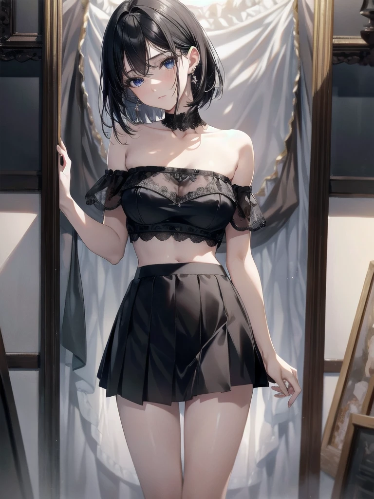 absurdres, RAW photo, extremely delicate and beautiful, masterpiece, Best Quality, ultra high resolution, 32k, hyperrealistic, ultra-detailed, in her 20s, delicate facial features, tearful mole, earring, medium breasts, full body shot, shorter middle hair, black hair, bare shoulder, midriff, skirt,