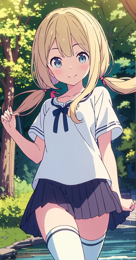 (masterpiece, best quality:1.4),looking at viewer,cowboy shot,smile,blush,eriri spencer sawamura,blonde hair,long hair,twintails,ribbon,blue eyes,small breasts,,short sleeves,pleated skirt,thighhighs,outdoors,nature,tree,path,river,
