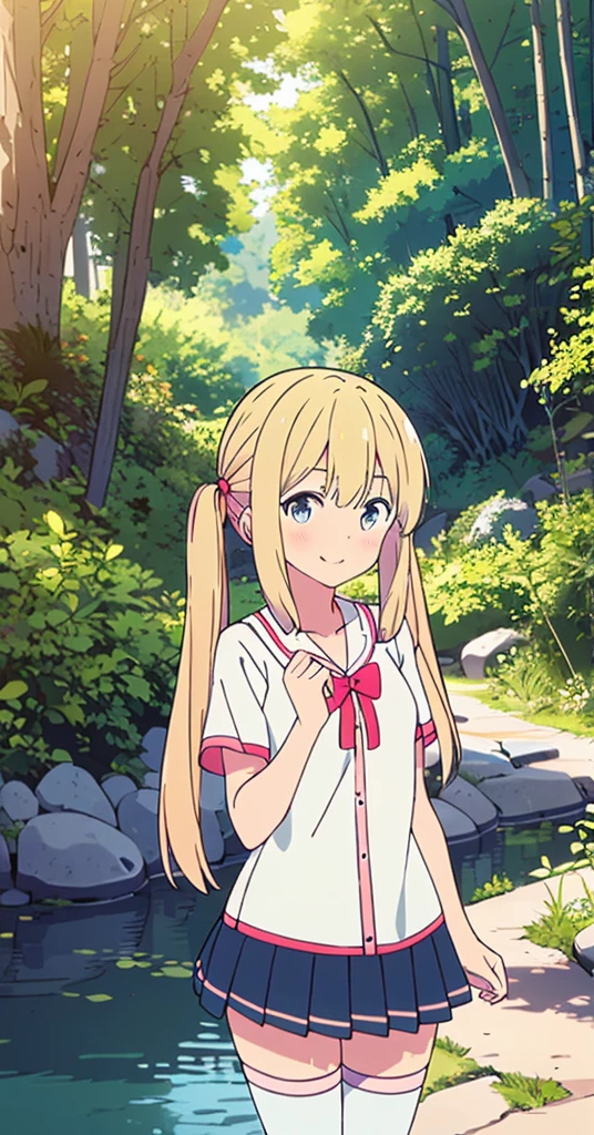 (masterpiece, best quality:1.4),looking at viewer,cowboy shot,smile,blush,eriri spencer sawamura,blonde hair,long hair,twintails,ribbon,blue eyes,small breasts,,short sleeves,pleated skirt,thighhighs,outdoors,nature,tree,path,river,