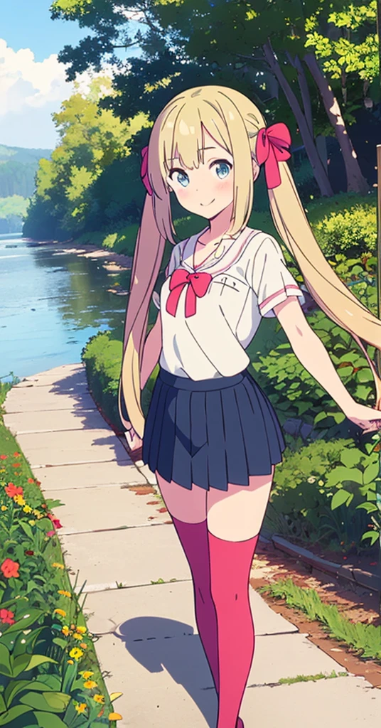 (masterpiece, best quality:1.4),looking at viewer,cowboy shot,smile,blush,eriri spencer sawamura,blonde hair,long hair,twintails,ribbon,blue eyes,small breasts,,short sleeves,pleated skirt,thighhighs,outdoors,nature,tree,path,river,