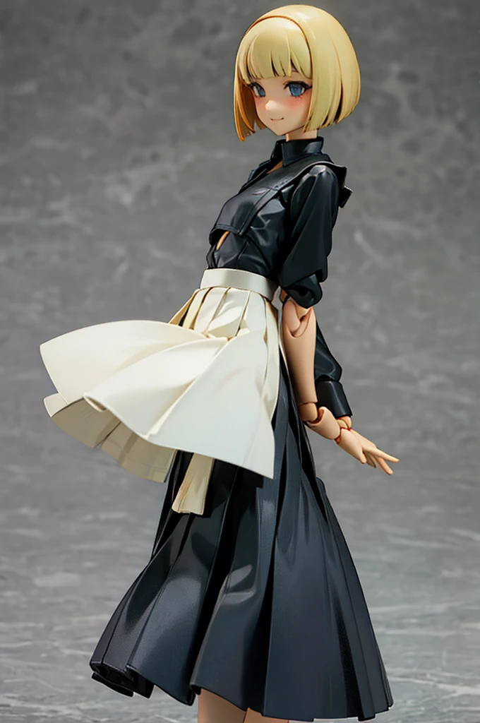 Realistic,Best quality,fine quality products,detailed,gayaru,slim,blonde bobcut hair,very small breasts,shirt,pleated skirt,looking happy,figma