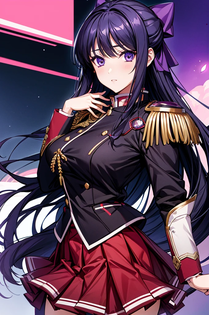 Akane Ryuuzouji、Black jacket uniform、Red pleated skirt、Epaulettes、Right shoulder to chest ornament、Purple head ribbon、Right facing