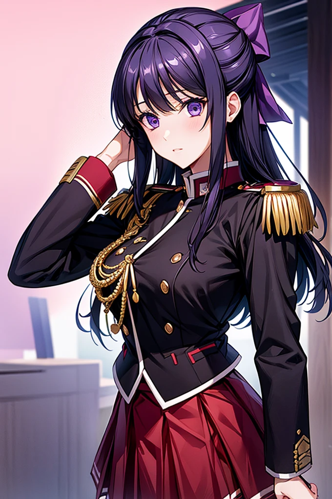 Akane Ryuuzouji、Black jacket uniform、Red pleated skirt、Epaulettes、Right shoulder to chest ornament、Purple head ribbon、Right facing