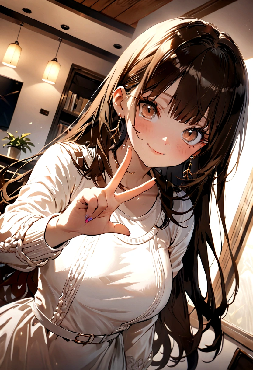 ((1girl)),  super fine illustration, vibrant colors, absurdres extremely detailed CG, 8k wallpaper, (masterpiece:1.3), dynamic angle, dynamic pose, 
best quality, depth of field, cinematic lighting, ultra detailed, brown long hair, very straight hair, large breast, white knit dress , 20yo, cute, very , brown eyes, kawaii, smile, droopy eyes, arms at sides, smartphone, modern living room, peace fingers, Hold your smartphone in your hand、The screen is facing you