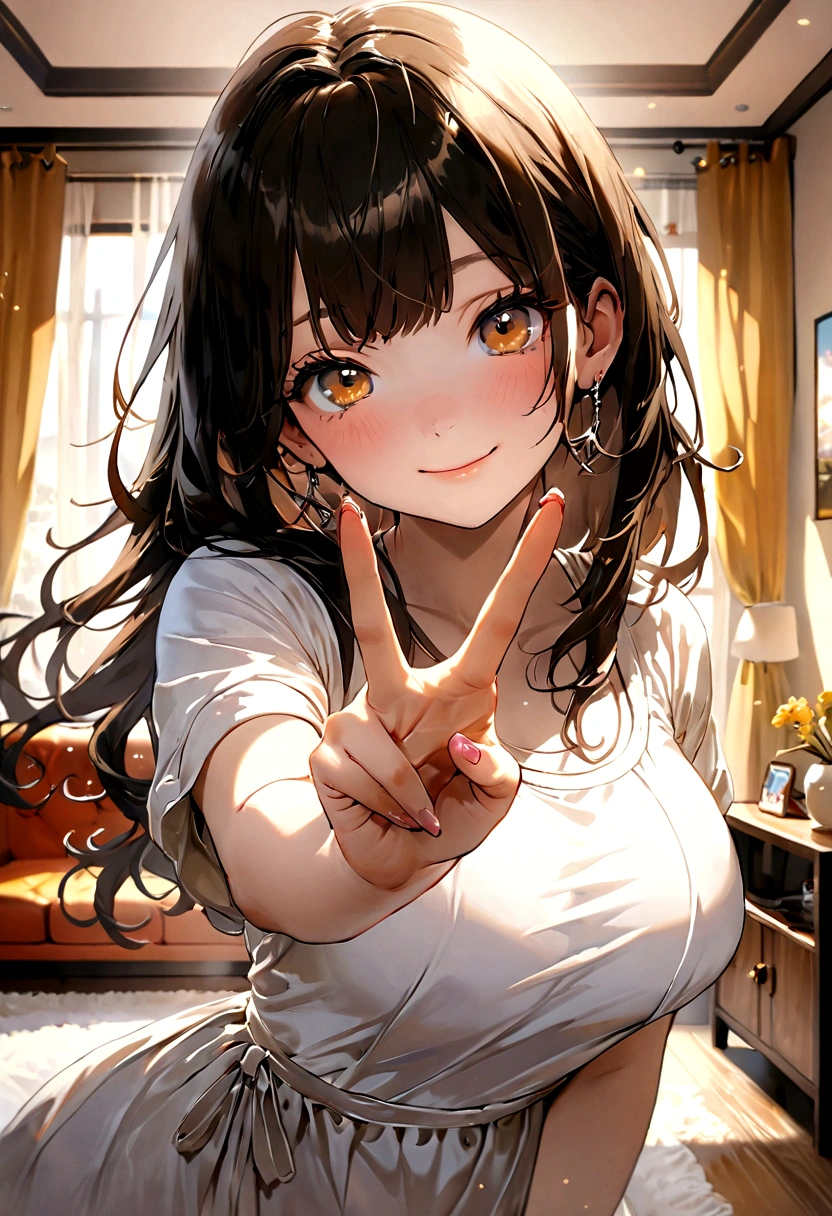 ((1girl)), super fine illustration, vibrant colors, absurdres extremely detailed CG, 8k wallpaper, (masterpiece:1.3), dynamic angle, dynamic pose,
best quality, depth of field, cinematic lighting, ultra detailed, brown long hair, very straight hair, large breast, white knit dress , 20yo, cute, very baby face, brown eyes, kawaii, smile, droopy eyes, arms at sides, smartphone, modern living room, peace fingers, Hold your smartphone in your hand、The screen is facing you