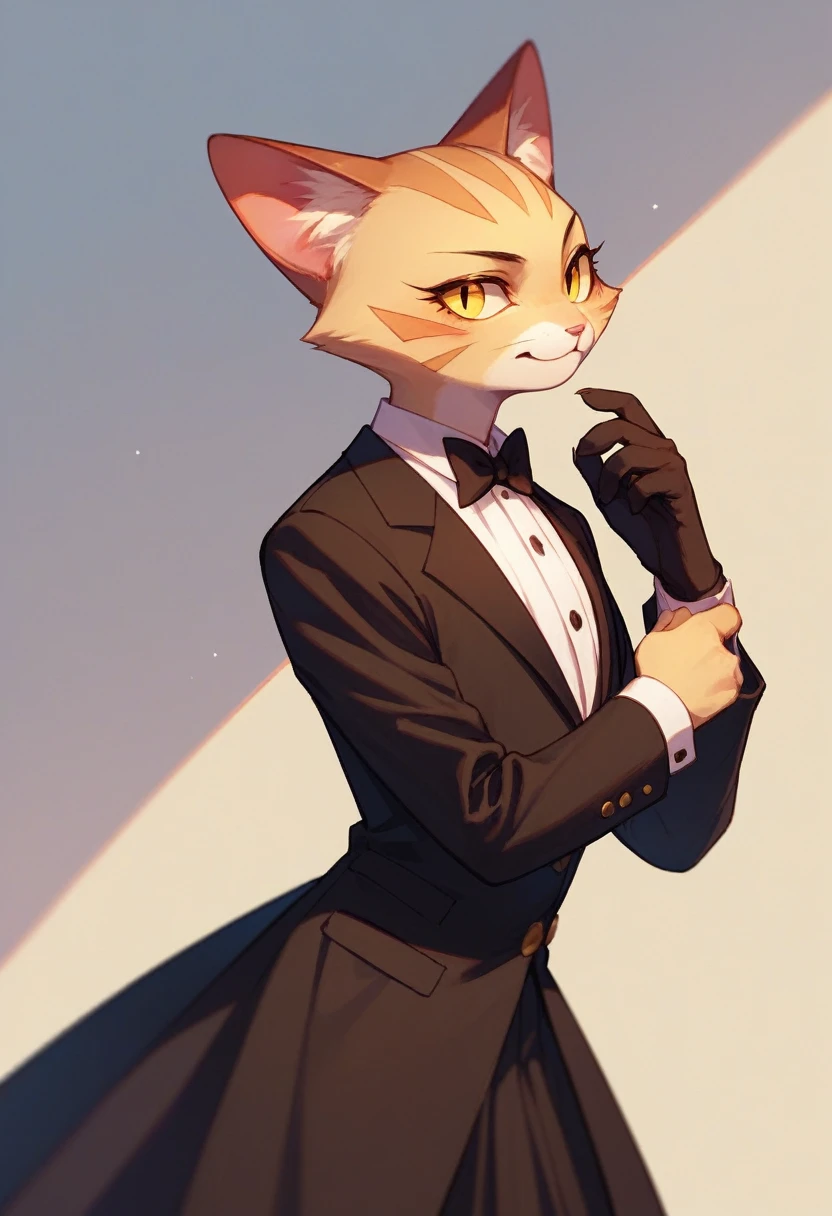 solo female ,furry ,tuxedo catA Japanese girl with yellow eyes, black fringes cut in a bob hairstyle,black long gloves ,random outfit ,TUXEDO CAT