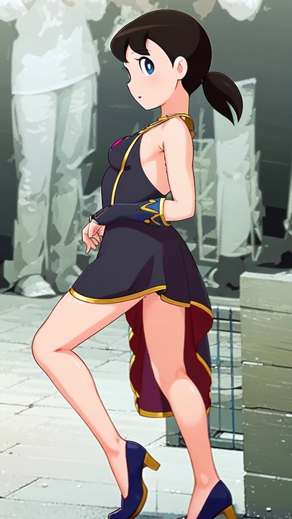 best quality, masterpiece, black hair, blue eyes, profile,full body,sexy clothes
