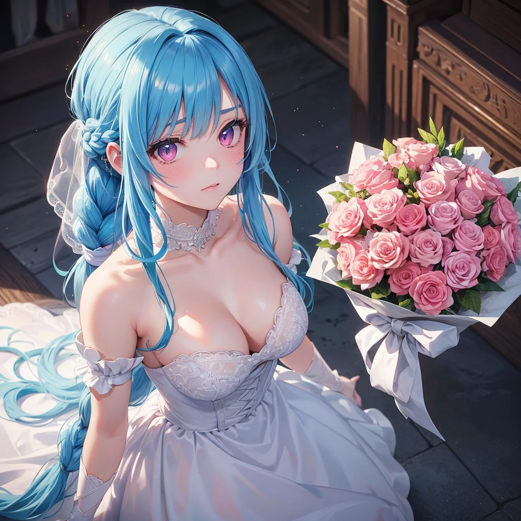 Sky blue hair, (One braided ponytail),(Pink Eyes),Fair skin ,(whole body),(One girl),bride,Ahegao,Straight bangs, 6月のbride,Wedding dress,(masterpiece, Highest quality, Very detailed, Best Shadow), (Detailed Background), (Beautifully detailed face), High Contrast, (Best lighting, Very delicate and beautiful), ((Cinematic Light)), colorful, Hyper Detail, Dramatic Light, Intricate details,Chapel background,A bouquet of roses in the right hand,Ring on left ring finger,