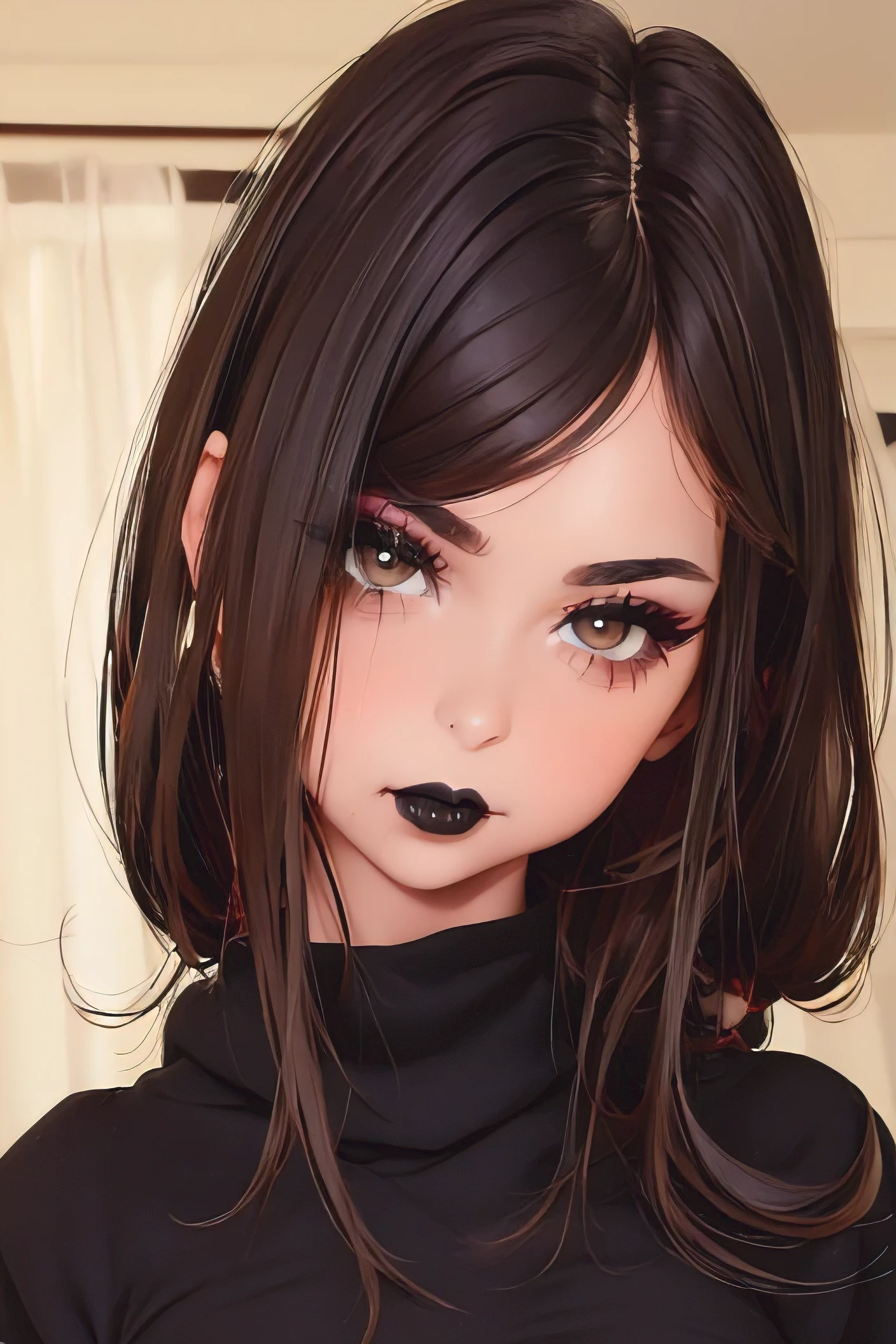 wide hips, (best quality, masterpiece:1.2), (((young girl))), beautiful face, RileyReid, inside a house, ((black oversized sweater, goth girl)), ((heavy makeup)), (((black lipstick))), long nails. black polish nails, (((small breasts))), ((thick tighs)), young sensual gravure idol, (((face))), (tan skin), ((hime haircut)), ((bags under eyes)), ((black eyeshadow)), ((small girl)), ((snappy bangs)), blurred background