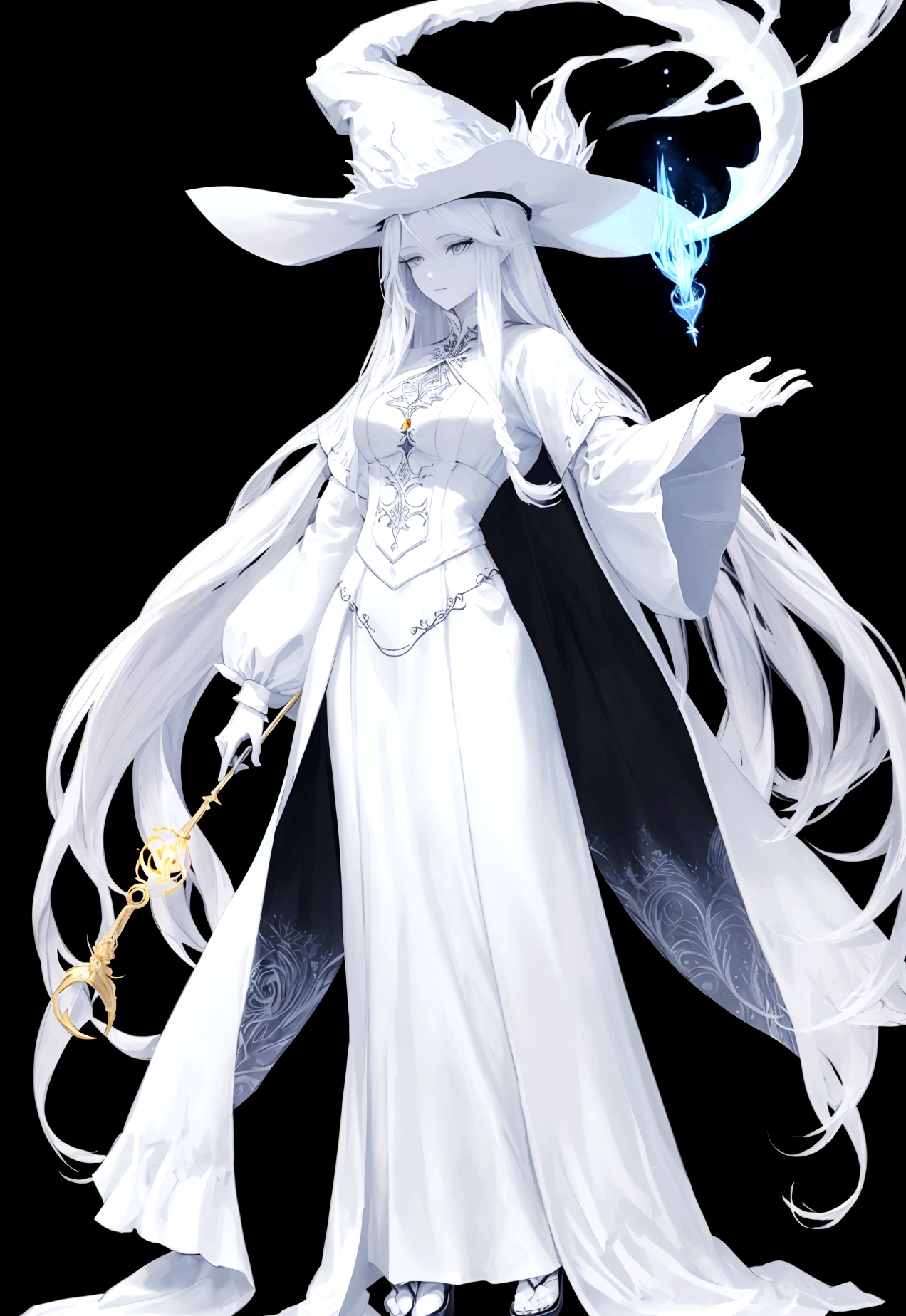 Character (adult woman) (white long hair) (white witch-style clothing) (character casting spell pose) (full body) (black background)