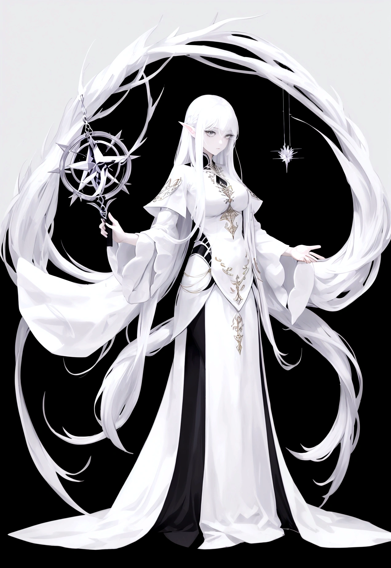 Character (adult woman) (white long hair) (white witch-style clothing) (character casting spell pose) (full body) (black background)
