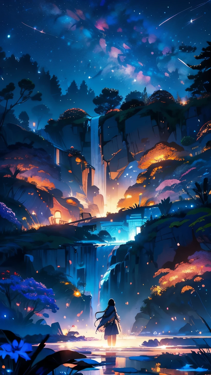 Main Part, Gorgeous, landscape, (((No_HumaNos))), night, flower, flower园, Starry Sky, constellation, amazing, Vista, water, Warm, Comfort, peaceful, meteor, Cosmic, magic, magic, Particles, Fair, ((firefly))