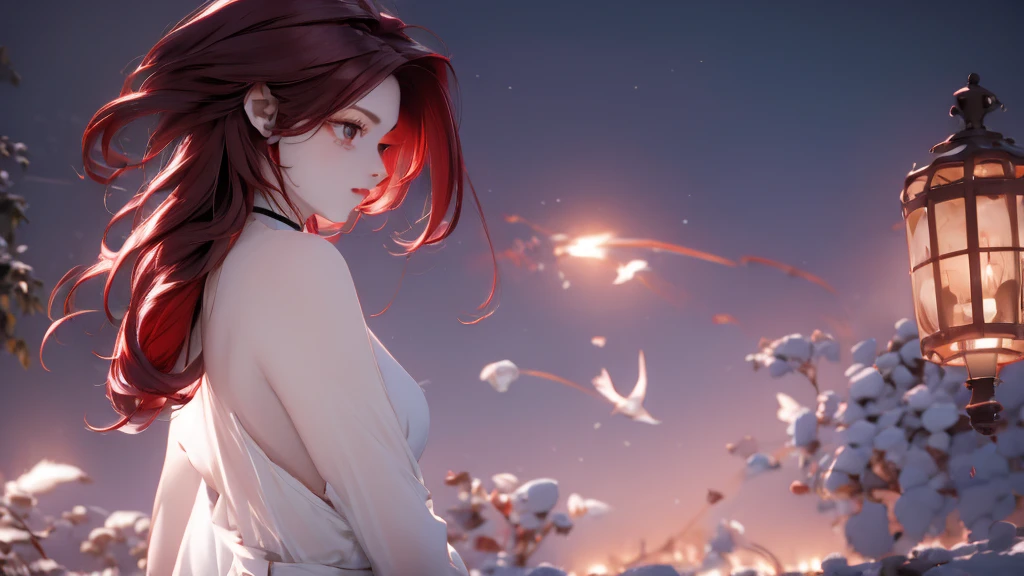 1 Girl, medium light Red hair, light white eyes, wearing [Black Suit] 4D , night TOWN 18+, high res, ultrasharp, 8K, masterpiece, looking from behind