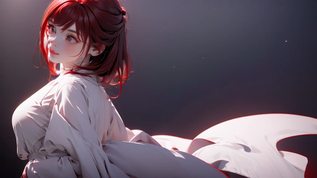 1 Girl, medium light Red hair, light white eyes, wearing [Black Suit] 4D , night TOWN 18+, high res, ultrasharp, 8K, masterpiece, looking from behind