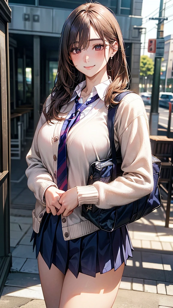 (masterpiece:1.2, top-quality), (realistic, photorealistic:1.4), beautiful illustration, (natural side lighting, movie lighting),
looking at viewer, cowboy shot, front view:0.6, 1 girl, japanese, high school girl, perfect face, cute and symmetrical face, shiny skin,
(long hair:1.4, half updo:1.5, light brown hair), hair between eye, dark brown eyes, long eye lasher, (large breasts:0.6, seductive thighs),
beautiful hair, beautiful face, beautiful detailed eyes, beautiful clavicle, beautiful body, beautiful chest, beautiful thigh, beautiful legs, beautiful fingers,
((long sleeve white collared shirts, navy pleated miniskirt, navy tie, white cardigan)), pink panties, school bag,
(beautiful scenery), evening, riverside, walking, (lovely smile, upper eyes),