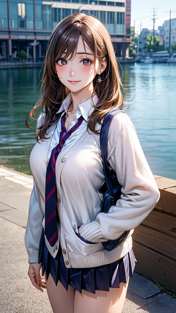 (masterpiece:1.2, top-quality), (realistic, photorealistic:1.4), beautiful illustration, (natural side lighting, movie lighting),
looking at viewer, cowboy shot, front view:0.6, 1 girl, japanese, high school girl, perfect face, cute and symmetrical face, shiny skin,
(long hair:1.4, half updo:1.5, light brown hair), hair between eye, dark brown eyes, long eye lasher, (large breasts:0.6, seductive thighs),
beautiful hair, beautiful face, beautiful detailed eyes, beautiful clavicle, beautiful body, beautiful chest, beautiful thigh, beautiful legs, beautiful fingers,
((long sleeve white collared shirts, navy pleated miniskirt, navy tie, white cardigan)), pink panties, school bag,
(beautiful scenery), evening, riverside, walking, (lovely smile, upper eyes),