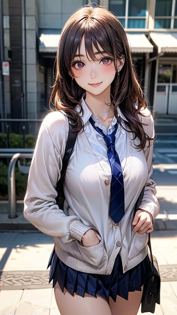 (masterpiece:1.2, top-quality), (realistic, photorealistic:1.4), beautiful illustration, (natural side lighting, movie lighting), 
looking at viewer, cowboy shot, front view:0.6, 1 girl, japanese, high school girl, perfect face, cute and symmetrical face, shiny skin, 
(long hair:1.4, half updo:1.5, light brown hair), hair between eye, dark brown eyes, long eye lasher, (large breasts:0.6, seductive thighs), 
beautiful hair, beautiful face, beautiful detailed eyes, beautiful clavicle, beautiful body, beautiful chest, beautiful thigh, beautiful legs, beautiful fingers, 
((long sleeve white collared shirts, navy pleated miniskirt, navy tie, white cardigan)), pink panties, school bag, 
(beautiful scenery), evening, riverside, walking, (lovely smile, upper eyes), 
