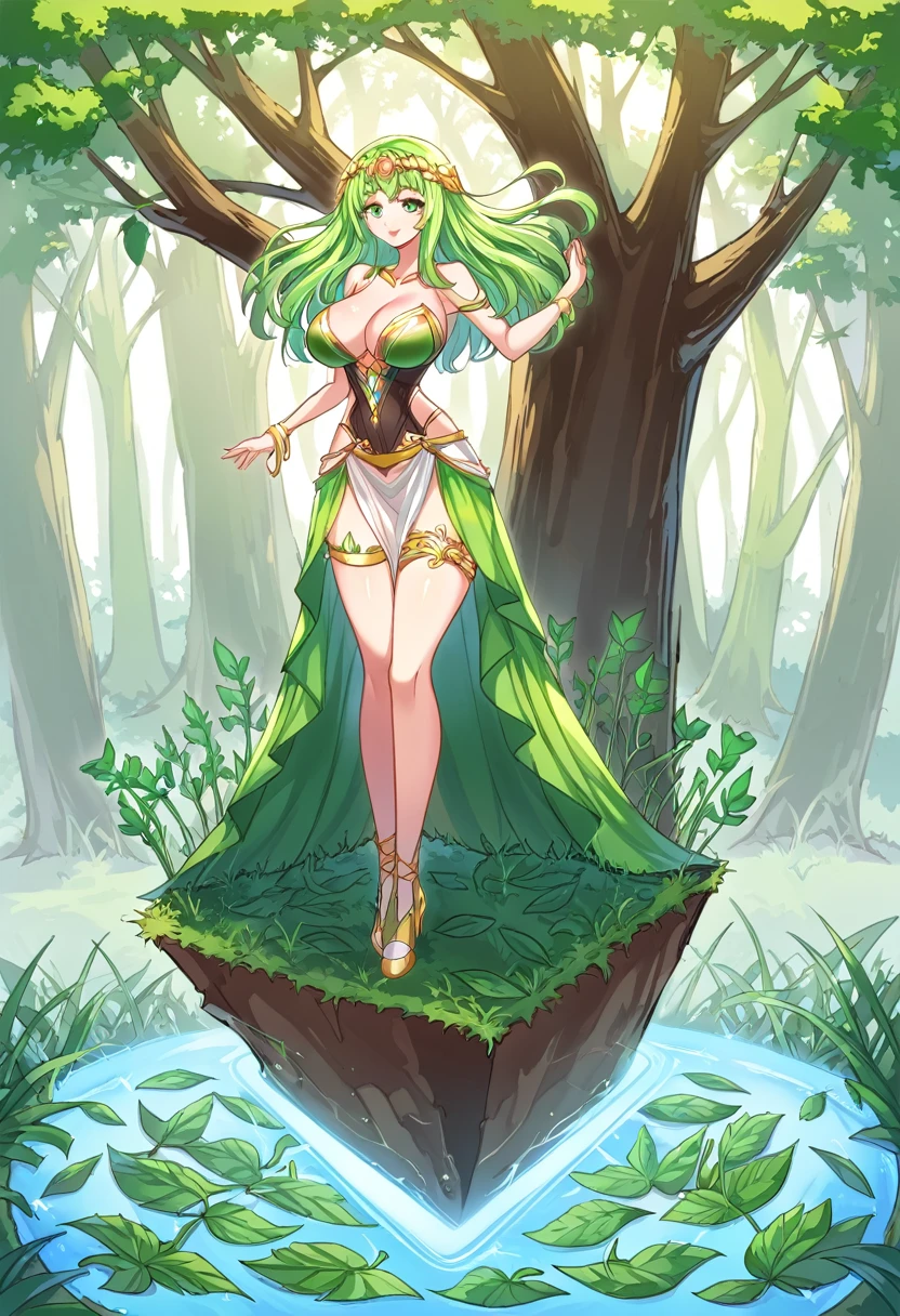 divine beautiful dlyad girl, long green hair, large breasts, full body, personified, fantasy, excellent lighting, excellent anatomy, leaves, weeds, sprouts, trees, soil, ethereality, psychedelic, masterpiece
