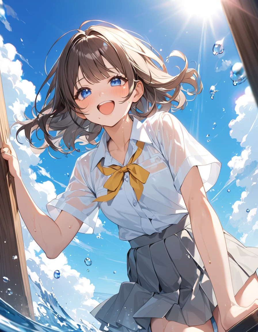(Highest qualityのイラスト:1.2), (pretty girl:1.1), (1 girl、17 years old、Highest qualityのイラスト:1.2), (1 girl、smile、Small breasts、blue eyes)、Brown Hair、short hair、Wavy Hair、Curly Hair、Low Twintails、(Highest quality、Very detailed、Very detailed and beautiful、Ultra-high resolution) 、,{、White business shirt、Short sleeve、Yellow Ribbon、Grey pleated skirt}、blue sky、summer、Sweat、See-through、Splash
