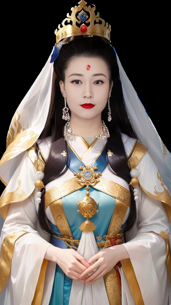 Wearing a gold dress and a purple dress，Wears a red crown on his head，Arad women wearing white veils, Queen of the Sea Mu Yanling, Inspired by Huang Ji, Inspired by Zhang Zeduan, Chinese Queen, Inspired by Qiu Ying, A young woman plays, Inspired by Lv Ji, Chinese Princess, Inspired by Guillaume, Inspired by Guo Xi