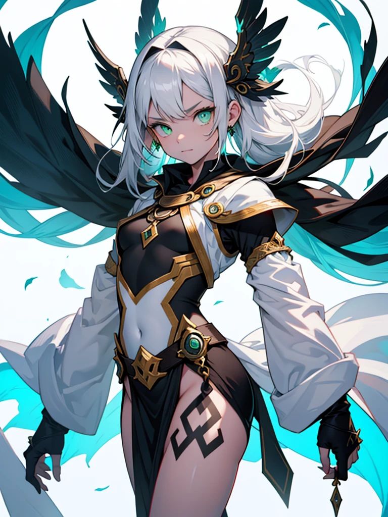 White background、10 year old girl、Pure white skin、Black tattoo on face、Green Eyes、Fantasy、God of Nothingnesask、Floating with arms outstretched