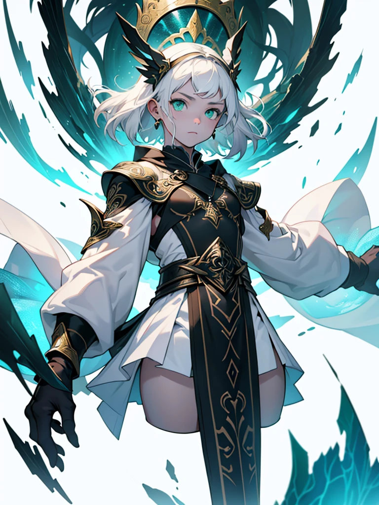 White background、10 year old girl、Pure white skin、Black tattoo on face、Green Eyes、Fantasy、God of Nothingnesask、Floating with arms outstretched