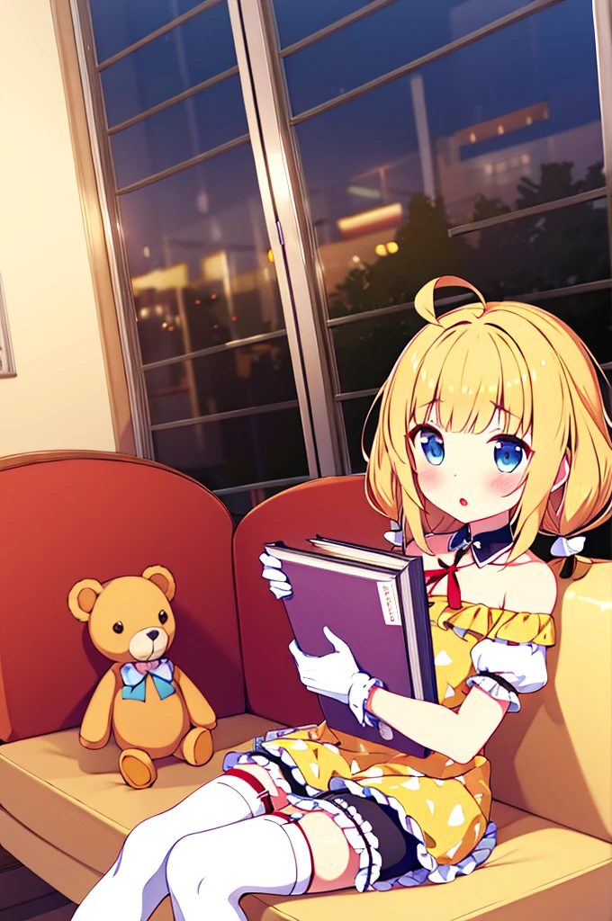 suou momoko, charmy-angle, looking at viewer, blue bow, frills, striped bow, frilled dress, white thighhighs, white dress, long hair, dress bow, 1girl, cross-laced clothes, blue eyes, window, puffy short sleeves, detached sleeves, white gloves, short sleeves, :o, couch, twintails, bow legwear, blonde hair, brown hair, bow print, holding, book, blunt bangs, yellow dress, ahoge, plaid dress, book stack, dutch angle, low twintails, on couch, indoors, stuffed animal, white legwear, off shoulder, white bow, hair bow, short twintails, diagonal-striped bow, parted lips, medium hair, blush, neck ribbon, short hair, blue ribbon, curtains, yellow bow, white collar, object hug, bear print, hair ribbon, bare shoulders, eyebrows visible through hair, frilled legwear, detached collar, orange dress, garter straps, teddy bear, stuffed toy, frilled thighhighs, blurry, sitting, frilled bow, print skirt, bear shaped bag, puffy sleeves