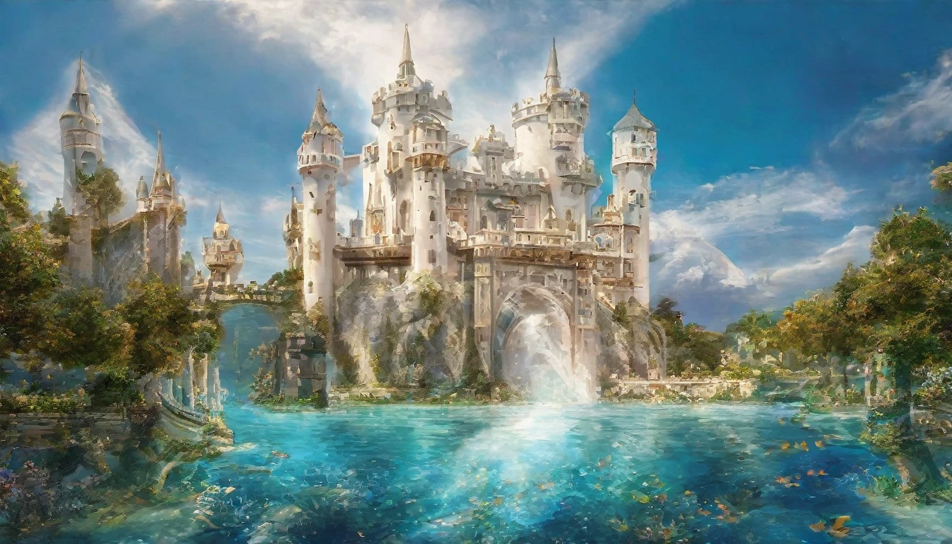 Create a fantasy art scene of a magnificent white castle underwater。Crystal clear water flows from the castle.、A digital illustration that sparkles in the light。The castle complex is made up of magnificent towers and bridges.、The building is decorated with intricate details。The sky is a clear blue、Some fluffy white clouds floating。The flow of water and the city's architecture create a fantastic atmosphere.、Humans are not depicted。