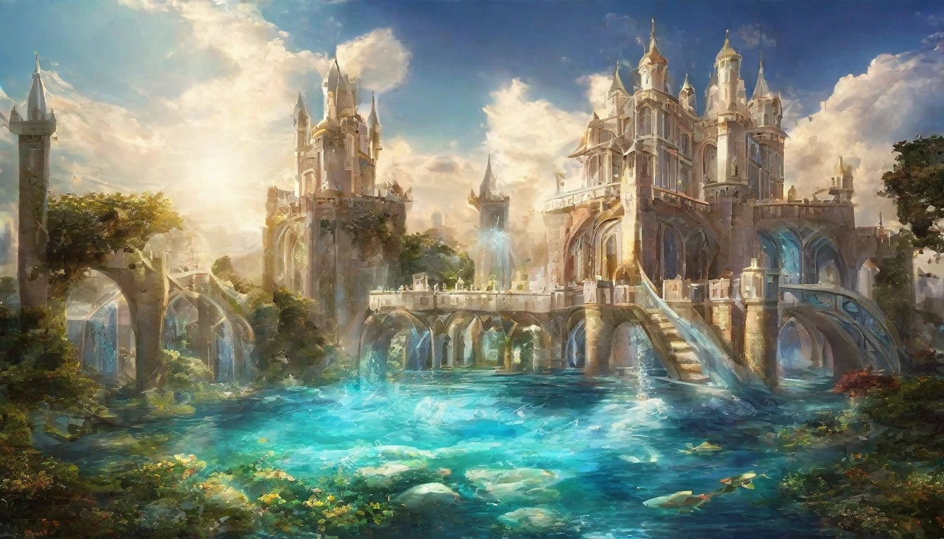 Create a fantasy art scene of a magnificent white castle underwater。Crystal clear water flows from the castle.、A digital illustration that sparkles in the light。The castle complex is made up of magnificent towers and bridges.、The building is decorated with intricate details。The sky is a clear blue、Some fluffy white clouds floating。The flow of water and the city&#39;s architecture create a fantastic atmosphere.、Humans are not depicted。
