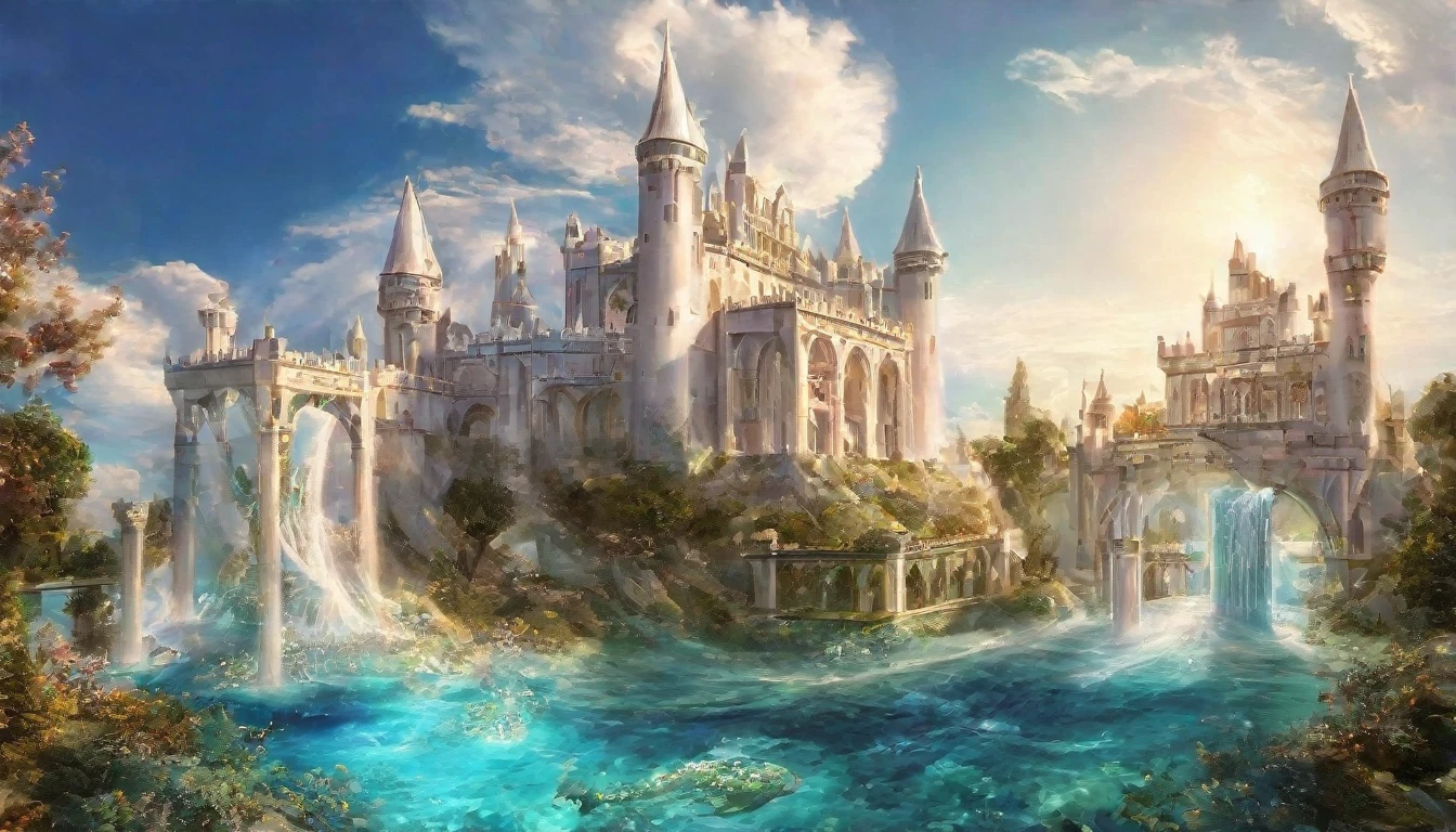 Create a fantasy art scene of a magnificent white castle underwater。Crystal clear water flows from the castle.、A digital illustration that sparkles in the light。The castle complex is made up of magnificent towers and bridges.、The building is decorated with intricate details。The sky is a clear blue、Some fluffy white clouds floating。The flow of water and the city's architecture create a fantastic atmosphere.、Humans are not depicted。