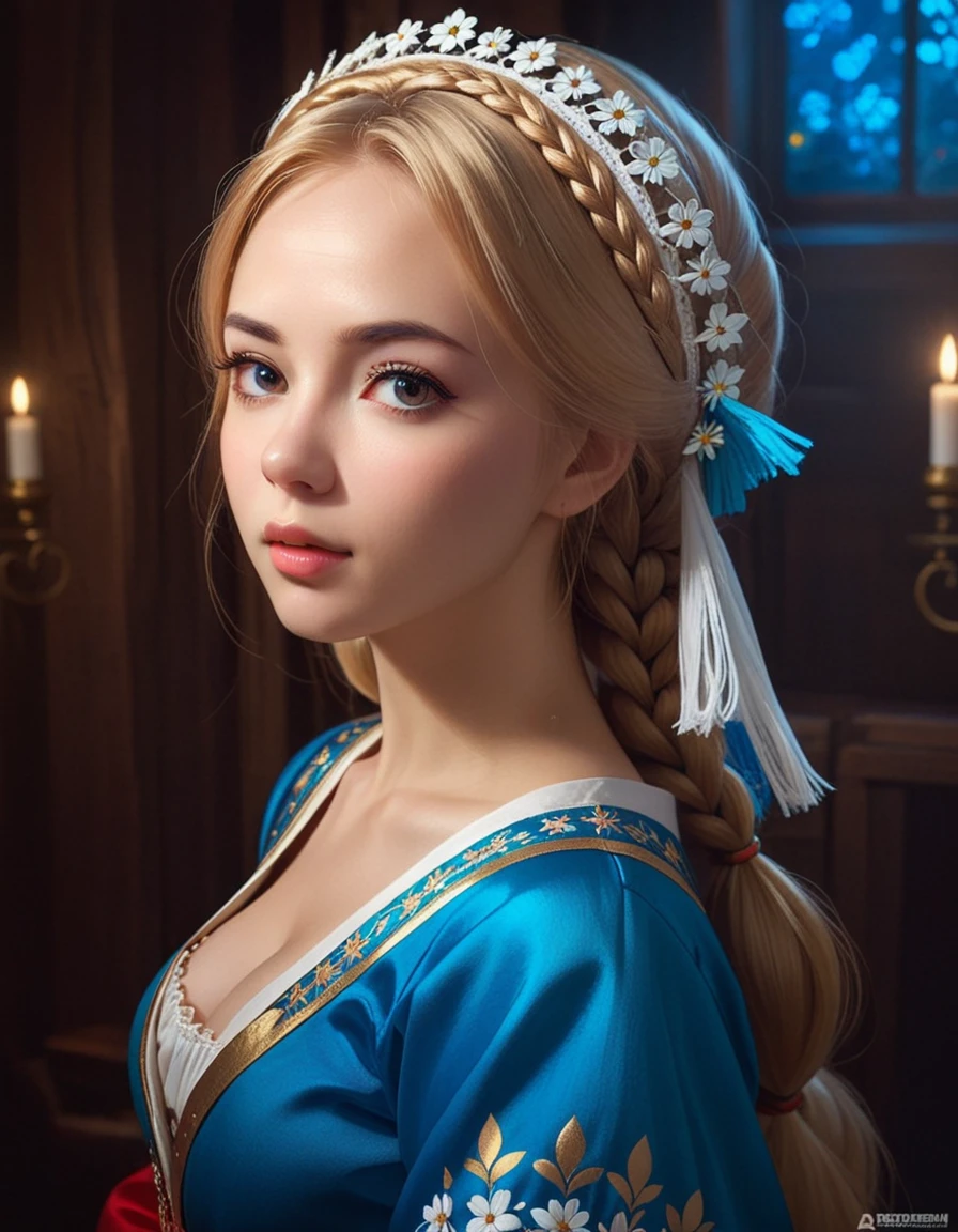 Portrait of a girl, looking away, Beautiful cute face, in Russian folk costume, spirit of Russian fairy tale, created by artists artgerm, cushart krenz, artgerm, pixiv. Creates a dramatic, cinematic atmosphere, has clear focus, Volumetric lighting, cinematic lighting, studio quality.