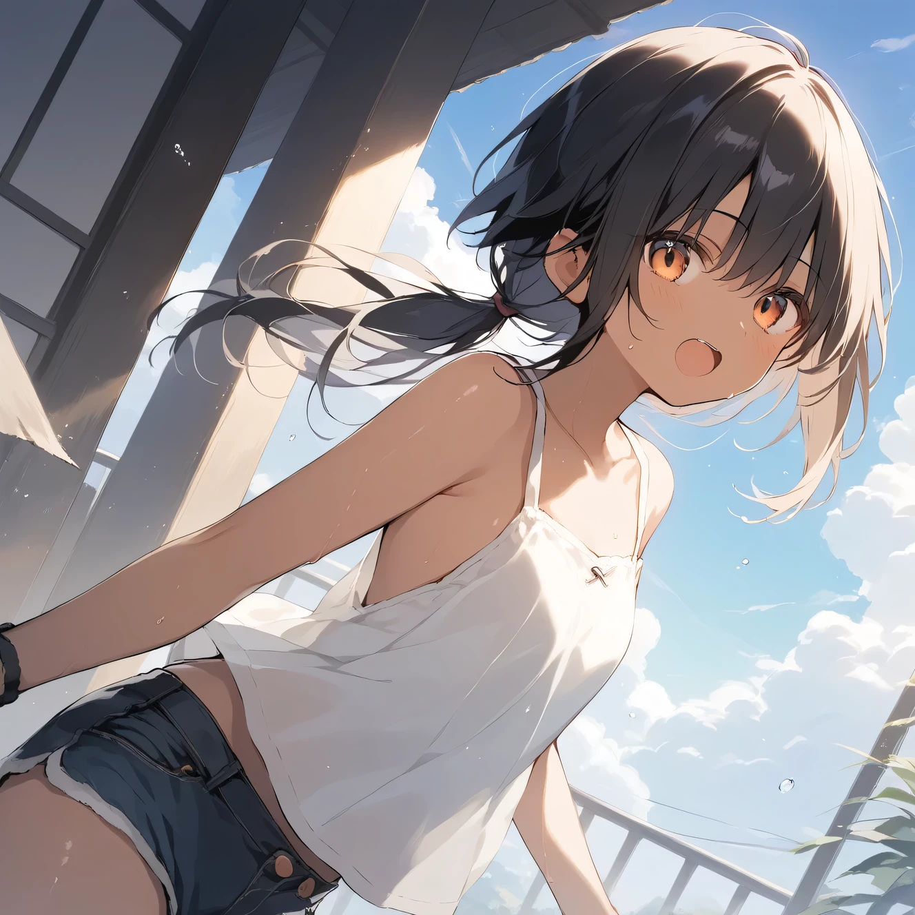 score_9, score_8_up, score_7_up, source_anime, best quality, masterpiece, official art, absurdres, highres, ultra-detailed,waifu2x,Collection: Slice of Life,break,1girl, tomboy, dark-skinned female, short hair, low ponytail, flat chest, beautiful detailed eyes, short shorts, sweat, open mouth, (yawn:0.3), sleepily, outdoors, wind, break,(clear line illustration:1.2),very high resolution, very aesthetic, super detailed skin, Best sexual lighting powered by famous artist, 8k,cute picture,beauty illustration,photoshop_(medium),,(Detailed Lighting),best anime 8k konachan wallpaper, pixiv contest winner,