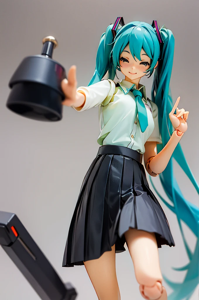 Realistic,Best quality,fine quality products,detailed,HatsuneMiku,very small breasts,shirt,pleated skirt,looking happy,figma
