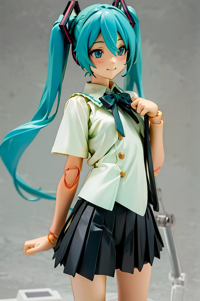 Realistic,Best quality,fine quality products,detailed,HatsuneMiku,very small breasts,shirt,pleated skirt,looking happy,figma