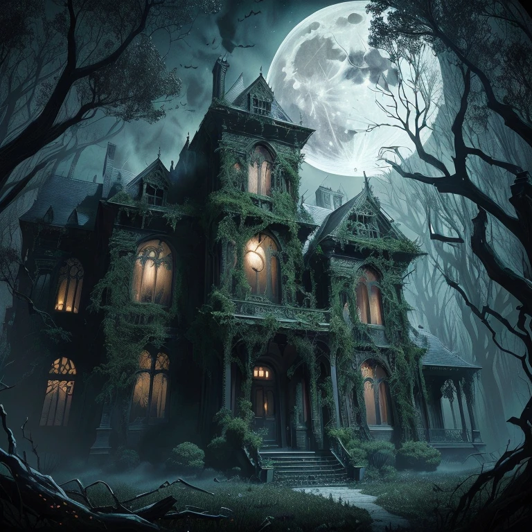 a large house with a full moon in the background, spooky mansion, haunted house themed, haunted house, elegant horror artwork, background artwork, haunting and spooky, horror fantasy art, fantasy horror art, gothic mansion, haunted background, eerie highly detailed, creepy fantasy ambience, horror setting, eerie art style, spooky and scary atmosphere, detailed 4k horror artwork