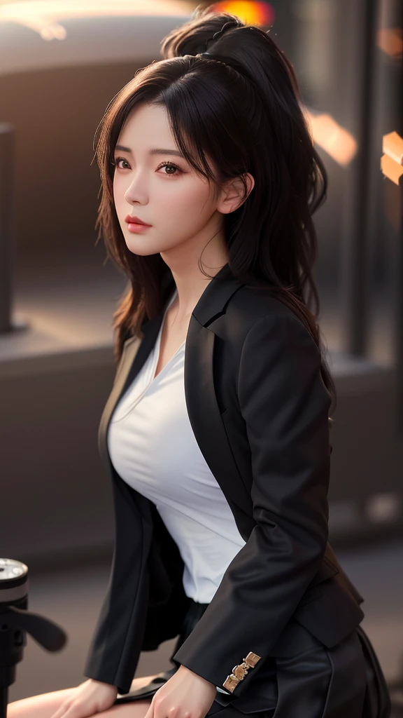best quality, masterpiece, 1girl, Beautiful face, (photo realistic:1.3), rim lighting, (high detailed skin:1.2), 8k uhd, dslr, high quality, high resolution, 4k, 8k, Bokeh, absurdres, best ratio four finger and one thumb, (realistic:1.3), cute 1girl, wearing black formal blazer, medium breasts, short skirt,
