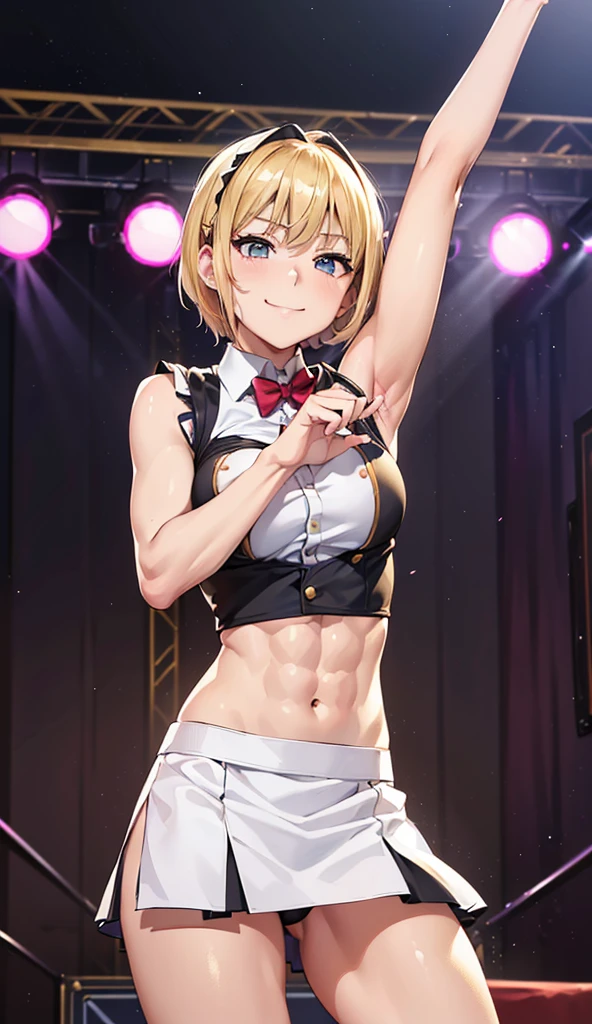 masterpiece, best quality, ultra detailed, ultra high resolution, very detailed face, solo, ((anime)), 20 years old girl, (((sleeveless, waitress uniform))), ((golden short hair)), (((medium breast))), (six pack abs:1.2), ((little smile)), (((dancing on the live stage))), ((neon))