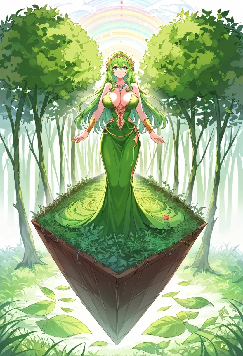 divine beautiful dlyad girl, long green hair, large breasts, full body, personified, fantasy, excellent lighting, excellent anatomy, leaves, weeds, sprouts, trees, soil, ethereality, psychedelic, masterpiece
